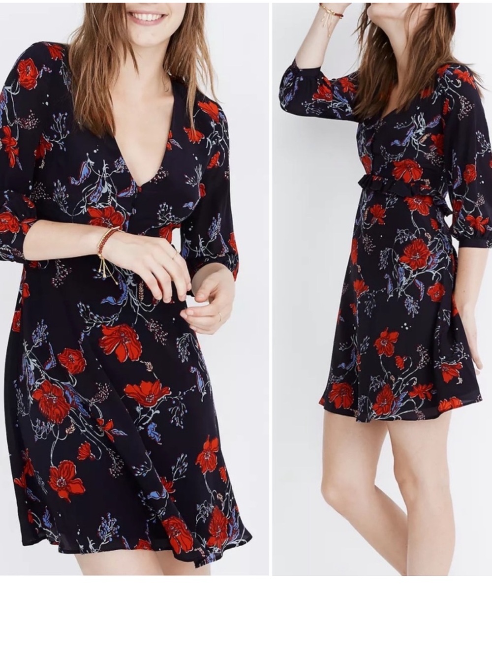 Madewell Silk Floral Mini Dress Navy Red Poppy V-Neck Ruffle AB390 Womens 6